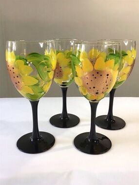 Sunflower Design Wine Glasses Set Of 4 Hand Painted Floral & Black Stemware